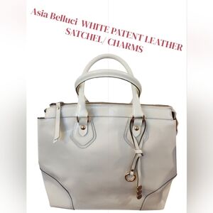 ASIA BELLUCCI WHITE PATENT LEATHER SATCHEL & CHARMS STRAP 14X12X20" CALLOUTS MIN